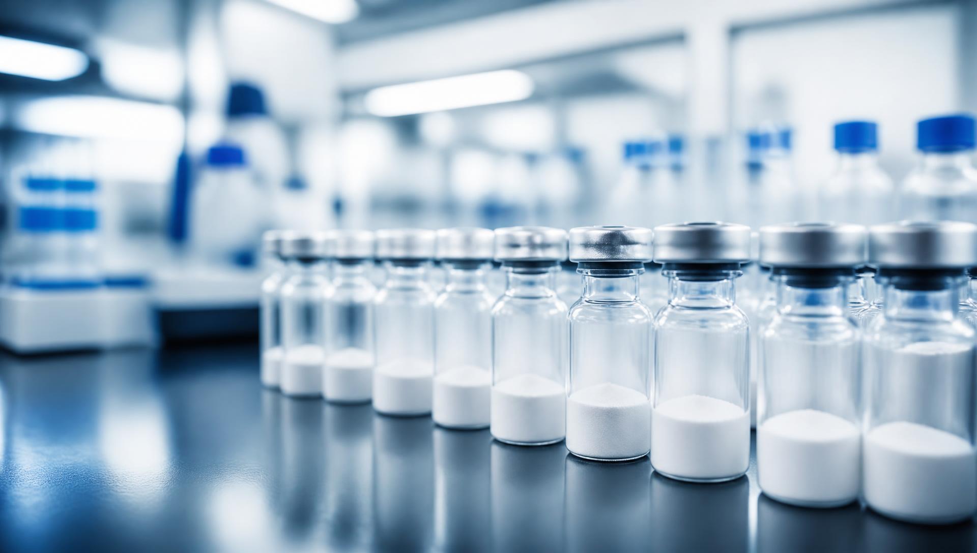 Laboratory technician handling research peptide vials in a clean room